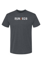 grey shirt with words RUN / 828 in white with orange slash separating the words