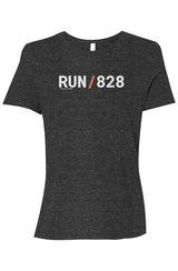 dark grey shirt with words RUN / 828 in white with orange slash separating the words