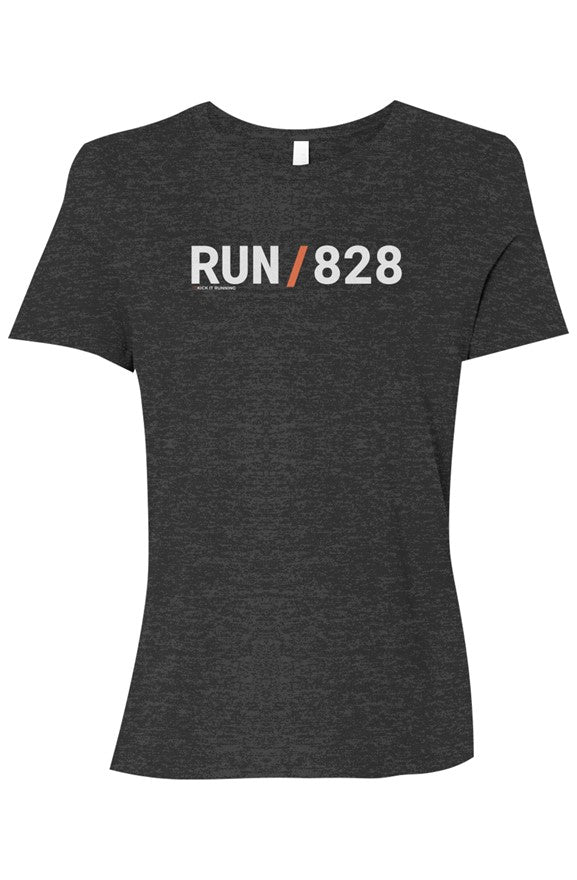 dark grey shirt with words RUN / 828 in white with orange slash separating the words