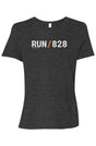 dark grey shirt with words RUN / 828 in white with orange slash separating the words