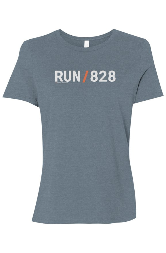 light blue shirt with words RUN / 828 in white with orange slash separating the words