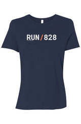 navy blue shirt with words RUN / 828 in white with orange slash separating the words