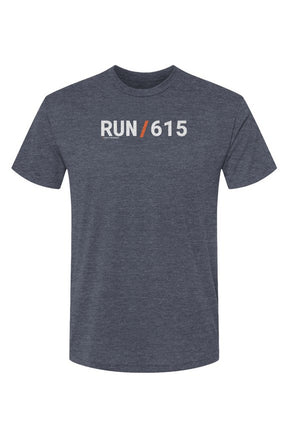 slate blue shirt with words RUN / 615 in white with orange slash separating the words