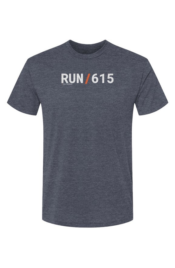 slate blue shirt with words RUN / 615 in white with orange slash separating the words