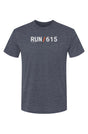slate blue shirt with words RUN / 615 in white with orange slash separating the words