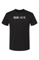 black shirt with words RUN / 615 in white with orange slash separating the words