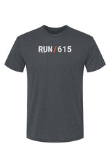 dark grey shirt with words RUN / 615 in white with orange slash separating the words
