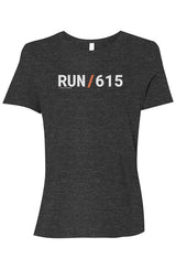 dark grey shirt with words RUN / 615 in white with orange slash separating the words