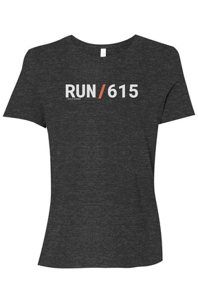 dark grey shirt with words RUN / 615 in white with orange slash separating the words