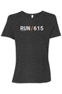 dark grey shirt with words RUN / 615 in white with orange slash separating the words