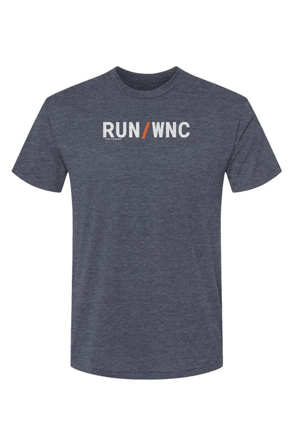 slate blue shirt with words RUN / WNC in white with orange slash separating the words