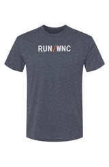 slate blue shirt with words RUN / WNC in white with orange slash separating the words