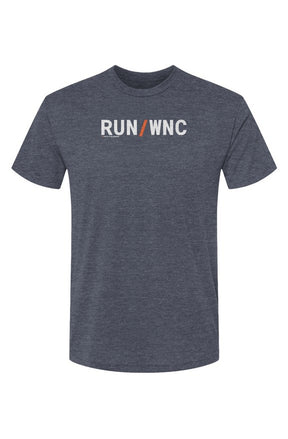 slate blue shirt with words RUN / WNC in white with orange slash separating the words
