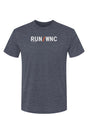 slate blue shirt with words RUN / WNC in white with orange slash separating the words