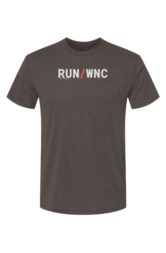 brown shirt with words RUN / WNC in white with orange slash separating the words