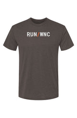 brown shirt with words RUN / WNC in white with orange slash separating the words