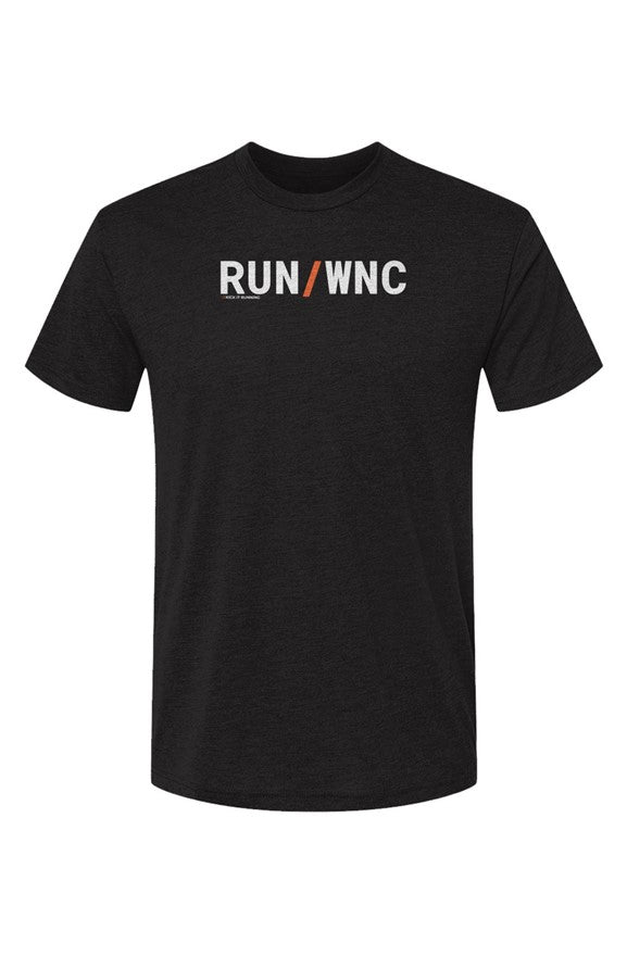 black shirt with words RUN / WNC in white with orange slash separating the words