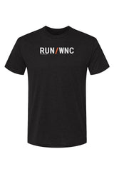 black shirt with words RUN / WNC in white with orange slash separating the words