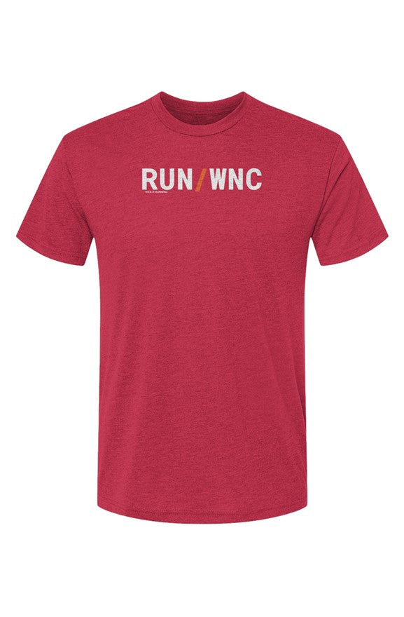 red shirt with words RUN / WNC in white with orange slash separating the words