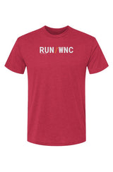 red shirt with words RUN / WNC in white with orange slash separating the words