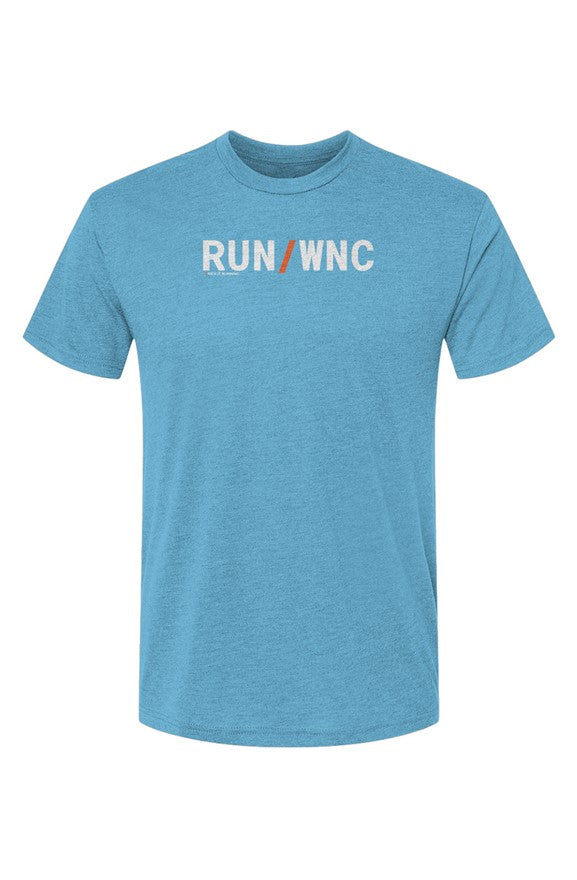 blue shirt with words RUN / WNC in white with orange slash separating the words
