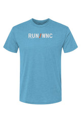 blue shirt with words RUN / WNC in white with orange slash separating the words