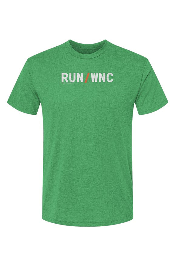 green shirt with words RUN / WNC in white with orange slash separating the words
