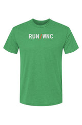 green shirt with words RUN / WNC in white with orange slash separating the words