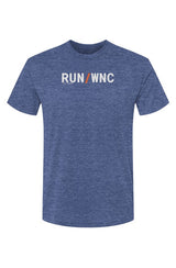 royal blue shirt with words RUN / WNC in white with orange slash separating the words