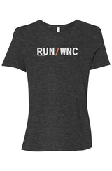 dark grey shirt with words RUN / WNC in white with orange slash separating the words