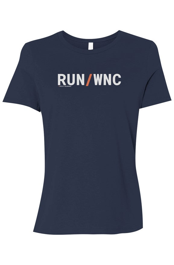 navy blue shirt with words RUN / WNC in white with orange slash separating the words