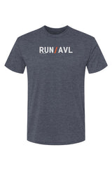 dark blue shirt with words RUN / AVL in white with orange slash separating the words