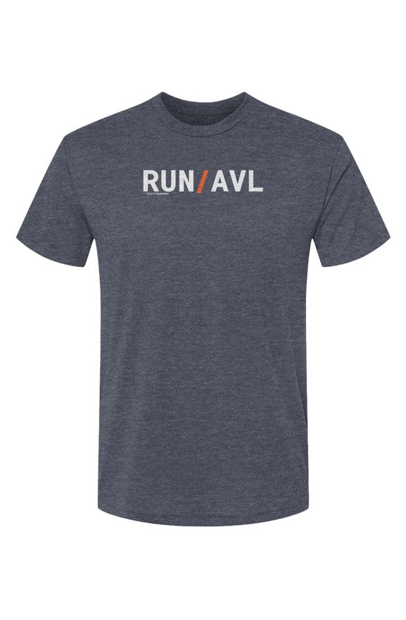 dark blue shirt with words RUN / AVL in white with orange slash separating the words