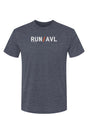 dark blue shirt with words RUN / AVL in white with orange slash separating the words