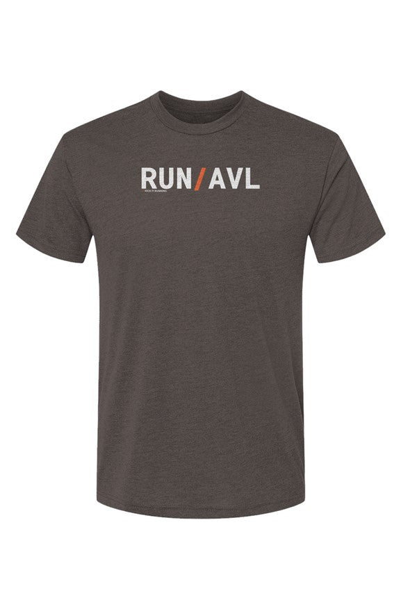 dark brown shirt with words RUN / AVL in white with orange slash separating the words