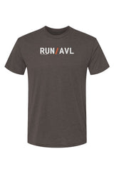 dark brown shirt with words RUN / AVL in white with orange slash separating the words