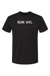 black shirt with words RUN / AVL in white with orange slash separating the words