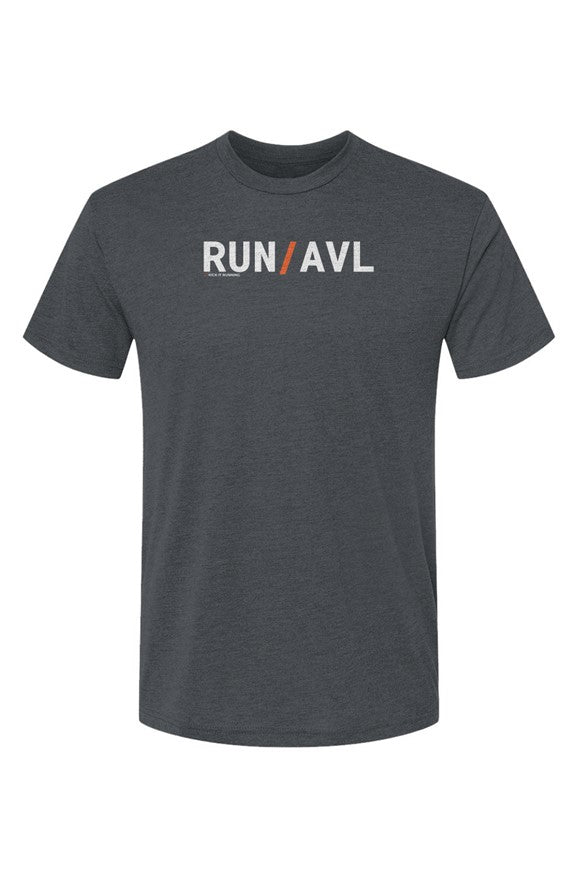indigo shirt with words RUN / AVL in white with orange slash separating the words