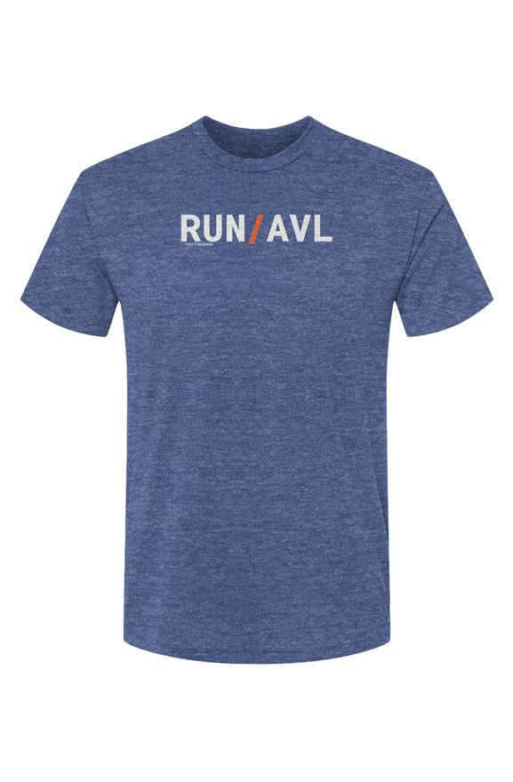 royal blue shirt with words RUN / AVL in white with orange slash separating the words