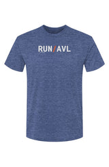 royal blue shirt with words RUN / AVL in white with orange slash separating the words