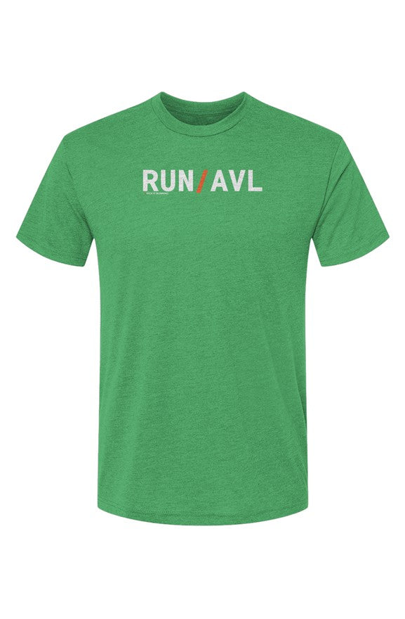 green shirt with words RUN / AVL in white with orange slash separating the words