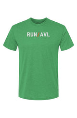 green shirt with words RUN / AVL in white with orange slash separating the words