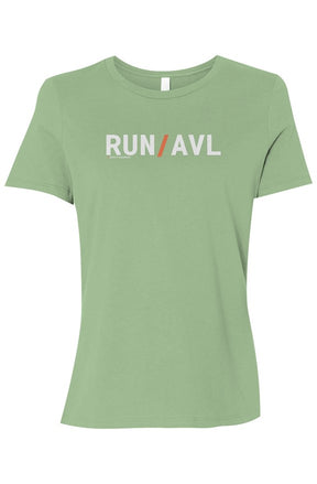 light green shirt with words RUN / AVL in white with orange slash separating the words