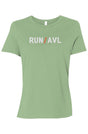 light green shirt with words RUN / AVL in white with orange slash separating the words