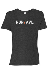 dark grey shirt with words RUN / AVL in white with orange slash separating the words
