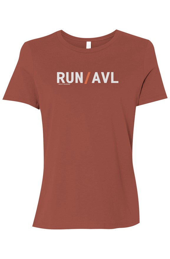 maroon shirt with words RUN / AVL in white with orange slash separating the words