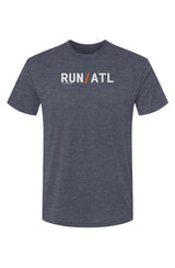 heather blue t-shirt with words RUN / ATL in white with orange slash separating the words