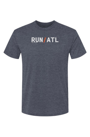 heather blue t-shirt with words RUN / ATL in white with orange slash separating the words
