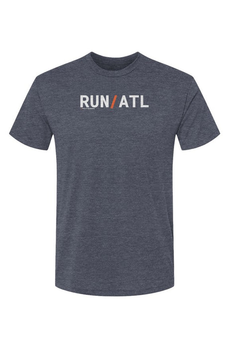 heather blue t-shirt with words RUN / ATL in white with orange slash separating the words