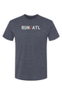 heather blue t-shirt with words RUN / ATL in white with orange slash separating the words